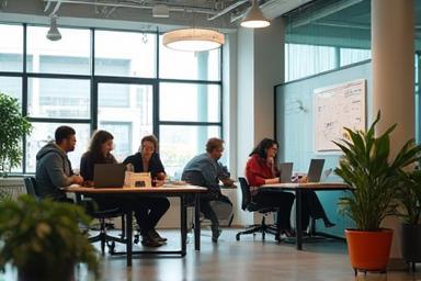Modern open-plan workspace with team collaborating