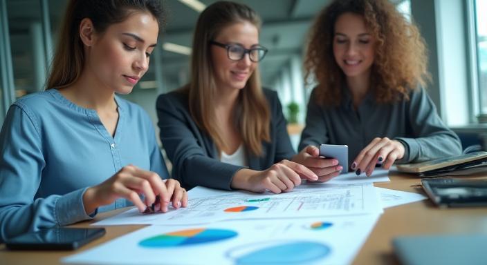 Diverse professionals collaborating over mobile technology blueprints